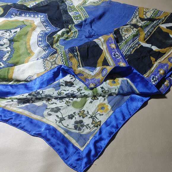 Shawl Wrap Scarf Satin Trim 90 x 42 Multicolor Sheer Floral Geometric Green Blue - Picture 4 of 11
